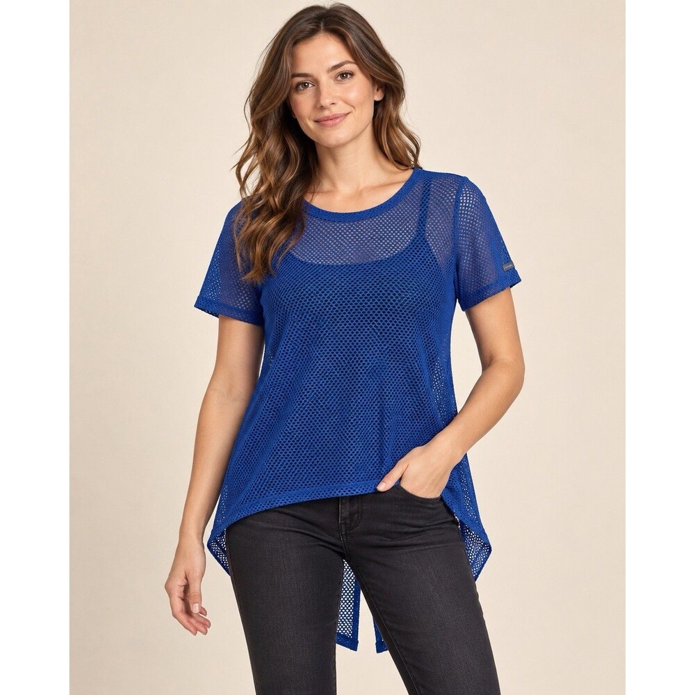 Columbia Women’s Small Blue Mesh Short Sleeve Athletic Top High Low Hem